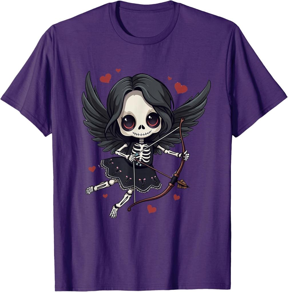 Gothic Skeleton Cupid Dark Valentine Kawaii Angel Graphic Tee Casual Cotton T-Shirt
