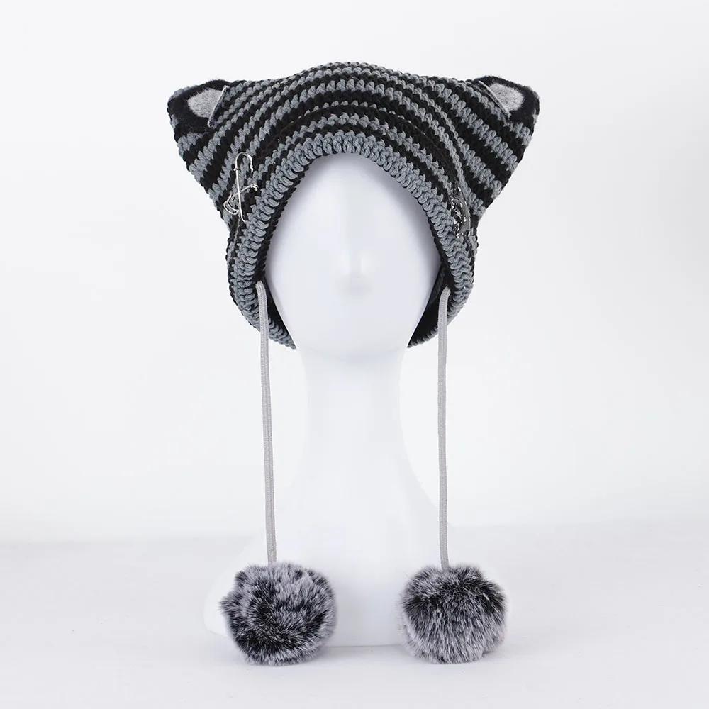 2025 neue Beanie Mütze Ins Kleiner Teufel Gestreifte Strickmütze Herbst und Winter Niedliche Katzenohren Spitz zulaufender Pullover Damenmützen