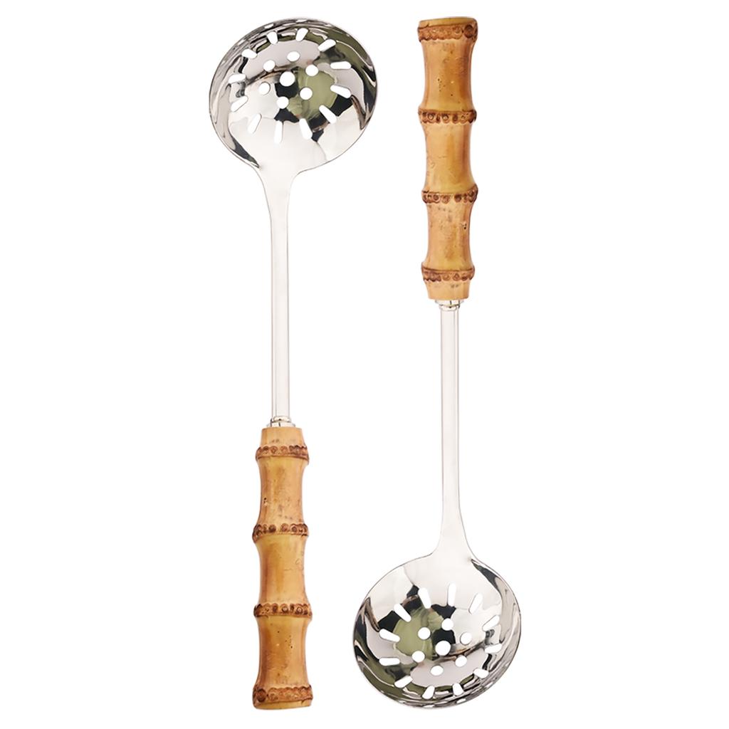 2Pcs/set Bamboo Wooden Handle Big Leaky Spoon Stainless Steel Tableware Long Handle Serving Spoon Fork Kitchen Cutlery Set
