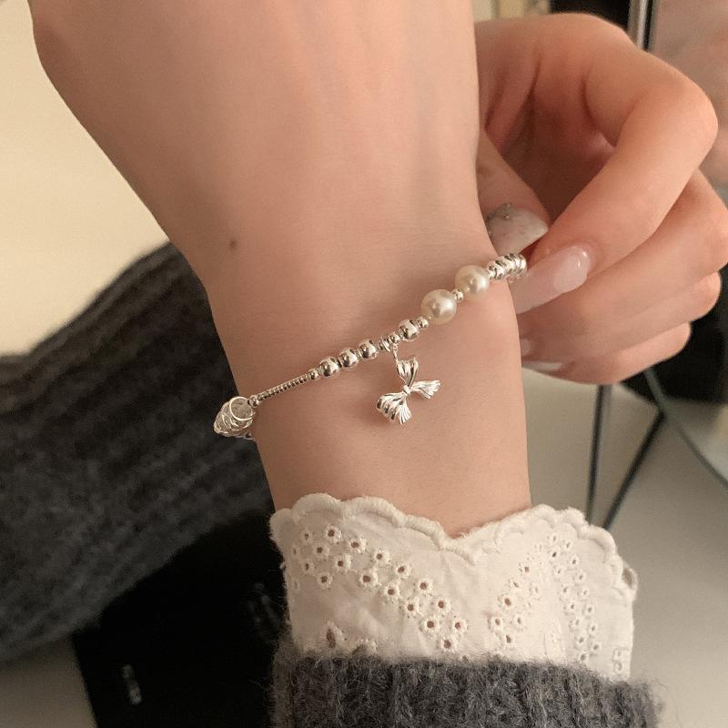 Korean Style Exquisite Light Luxury Bowknot Broken Silver Pearl Bracelet For Women
