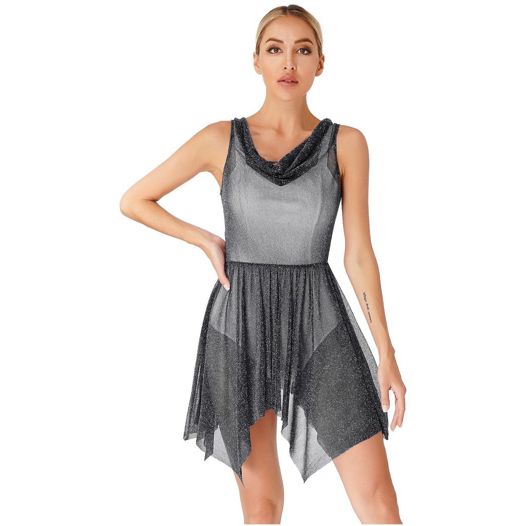 Women Glittery Draped Neck Sleeveless Dance Dress See Through Asymmetrical Hem Performance Gown
