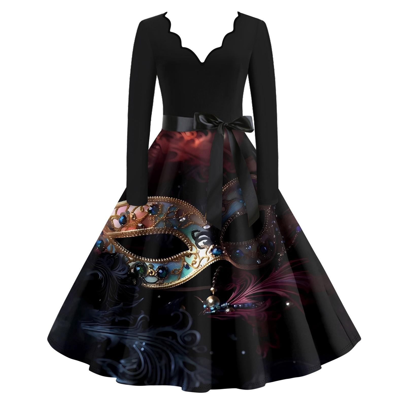 

Женское повседневное модное платье с V-образным вырезом и длинным рукавом с принтом в винтажном стиле L чёрный