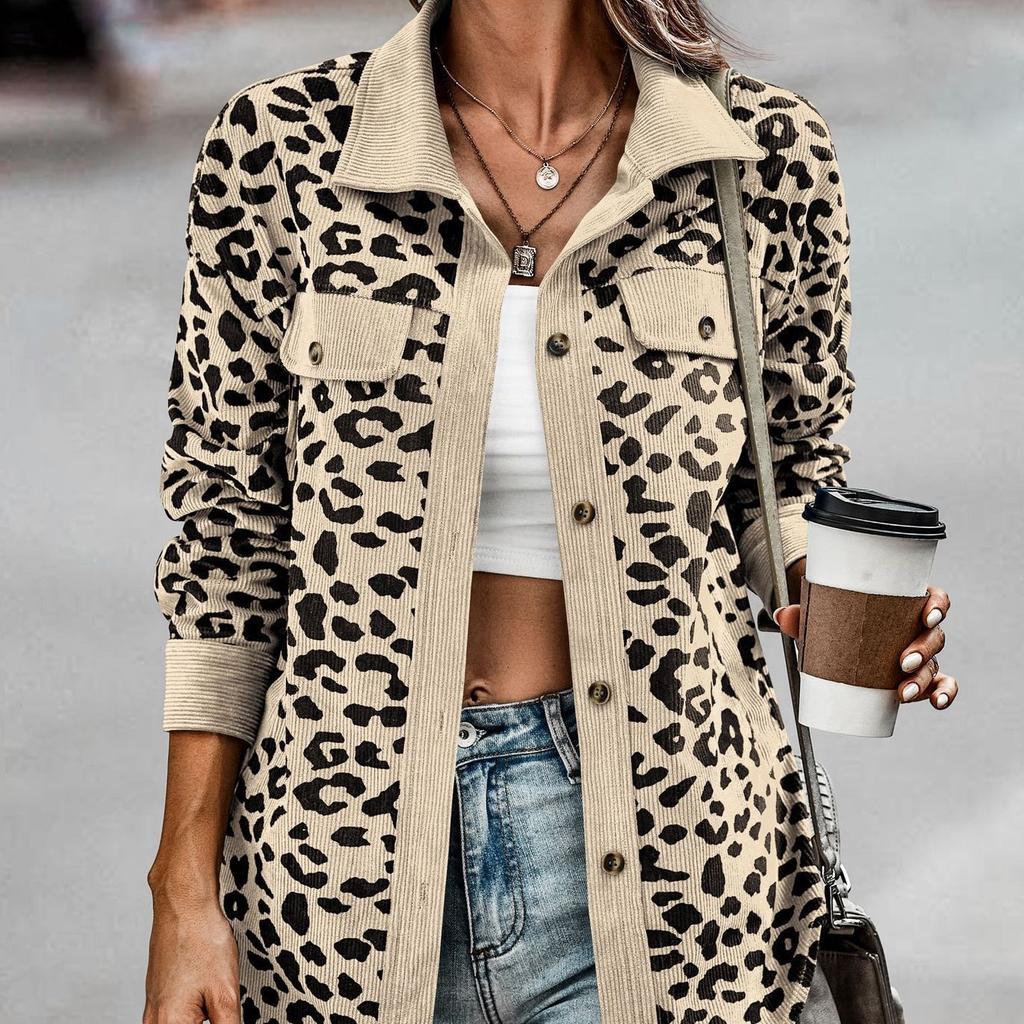 GMXIA Women's Vintage Casual Button Leopard Print Autumn Winter Long Sleeve POLO Neck Loose Jackets & Coats