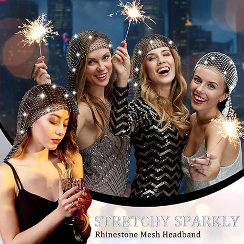 2Pcs Rhinestone Mesh Headband Head Scarfs For Women Girls Rave Hair Accessories