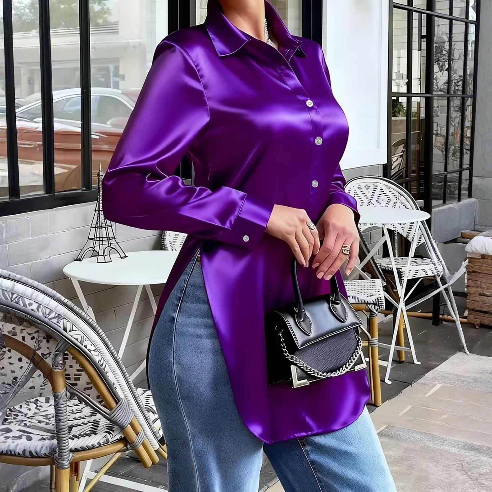 

Модная женская атласная рубашка приталенного кроя с асимметричным подолом и длинными рукавами. XL фиолетовый