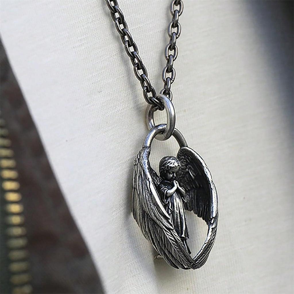 Angel Wing Prayer Oval Pendant Necklace Roman and Greek Statues for Women Fashionable Guardian Angel Charm Silver-Tone Chain Jewelry Accessory