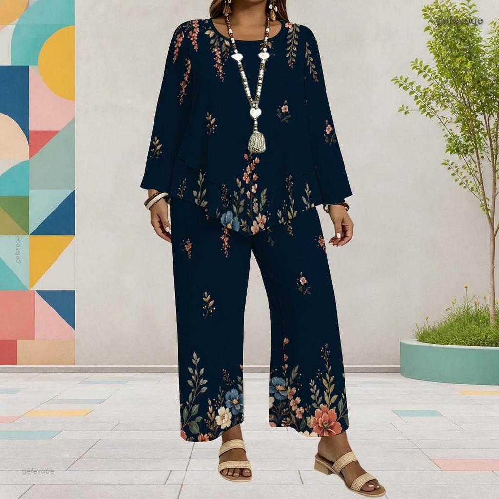 Women Plus Size Round Neck Long Sleeve Floral Printed Layered Top Wide Leg Cropped Pants Two Piece Set