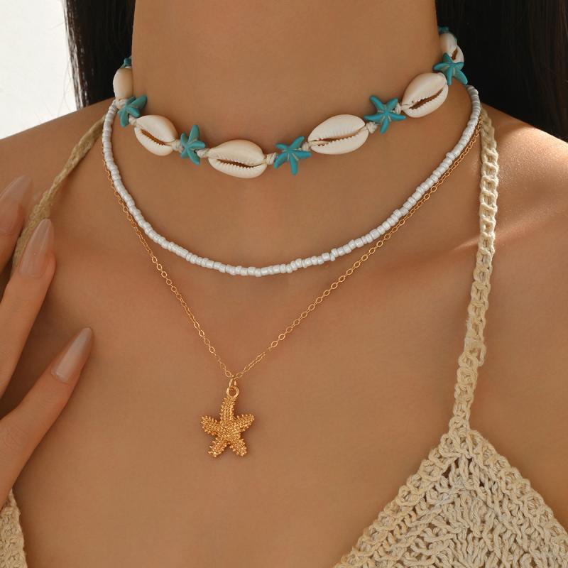 Bohemian Shell Chain Clavicle Necklace  Rice Beads Multi Layered Necklace Summer Sexy Beach Jewelry Gifts