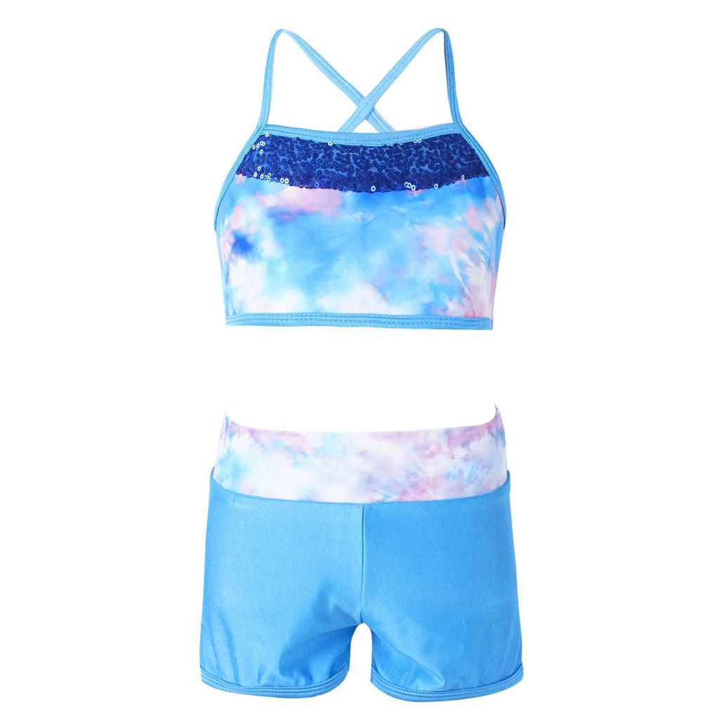 Kids Girls Sequins Mermaid Tank Top with Shorts Dance Outfit Gymnastics Dancing Costume Swimwear