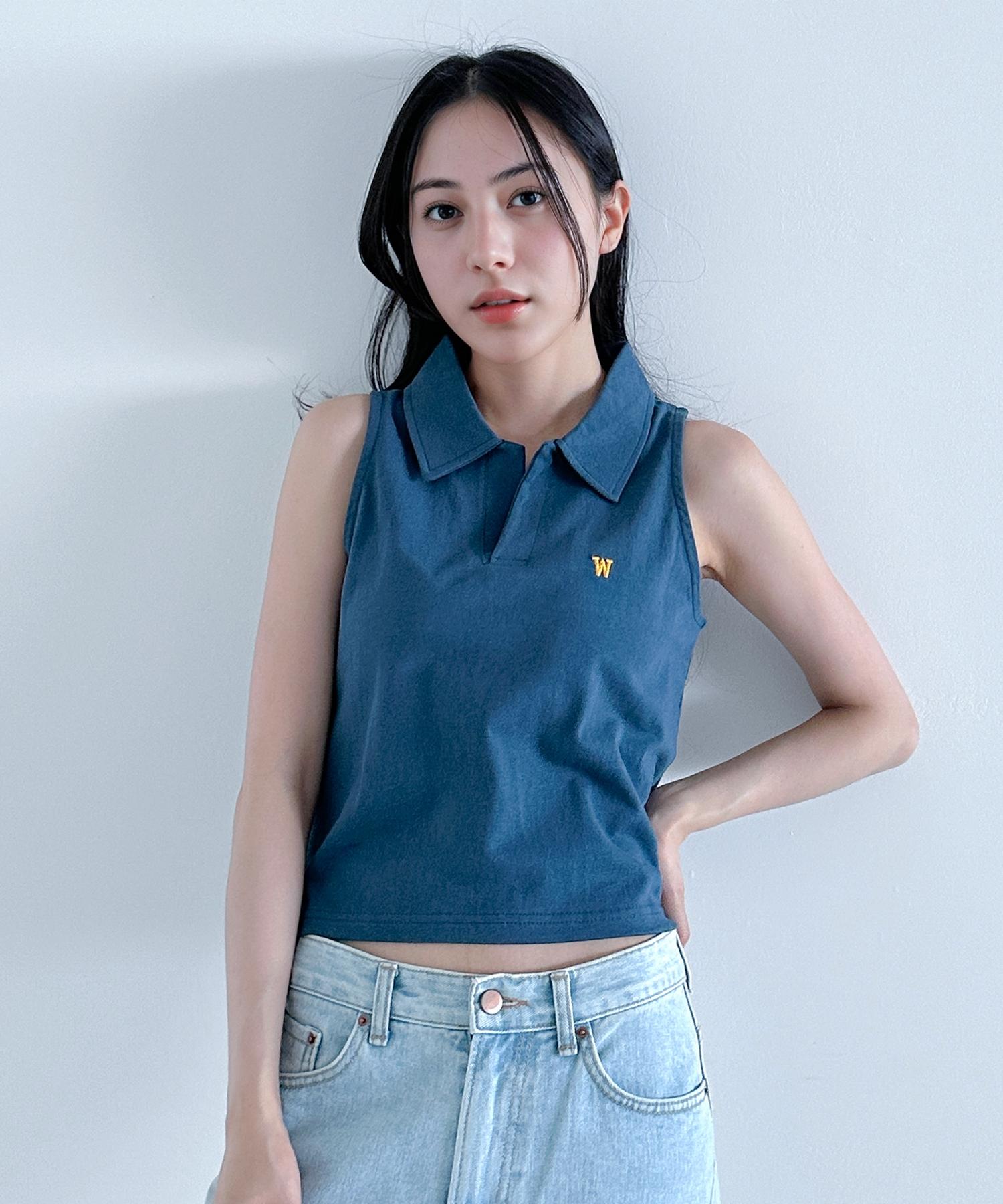 Wise Slit Collar Crop Sleeveless Top (Blue) M