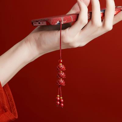 Natural Cinnabar Lotus Car Keychain Chinese Style Lucky Phone Chain Bag Pendant Hanging