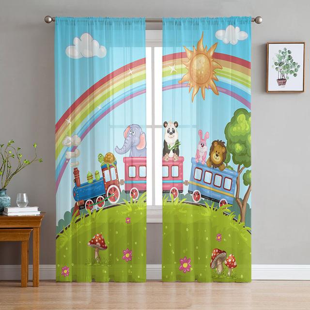 Tropical Jungle Zoo Cartoon Animal Sheer Curtain For Living Room Bedroom Kitchen Window Decor Giraffe Elephant Tulle Curtains