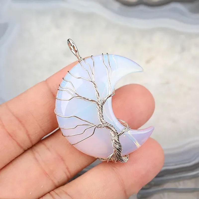 Natural Crystal Pendant Wire Wrap Tree Of Life Big Moon Crescent Mineral Stone Pendulum Amethyst Quartz Necklace For Women Gift