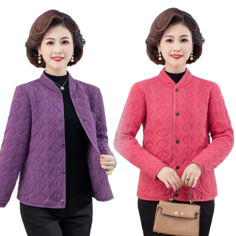 Women's Autumn/Winter Quilted Cotton Jacket for Middle-Aged and Elderly - Stand Collar, Warm, Thickened Design
