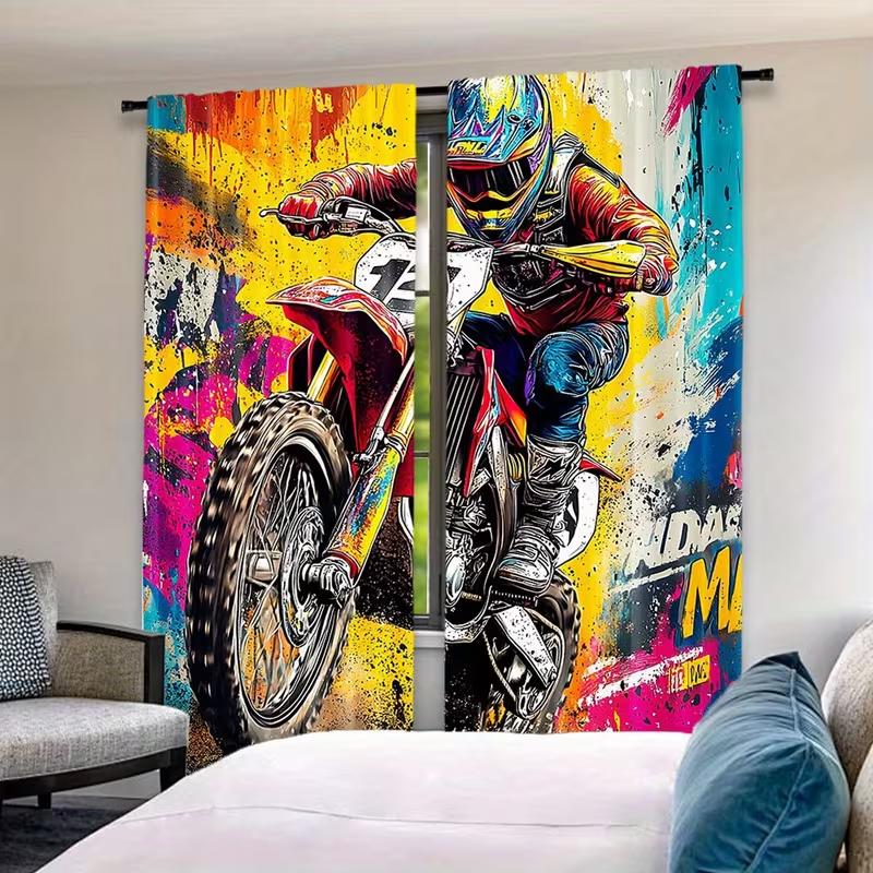 2PC Graffiti Motocross Rider Sheer Curtains - Vibrant Extreme Sports Print Window Drapes for Living Room Man Cave Decor