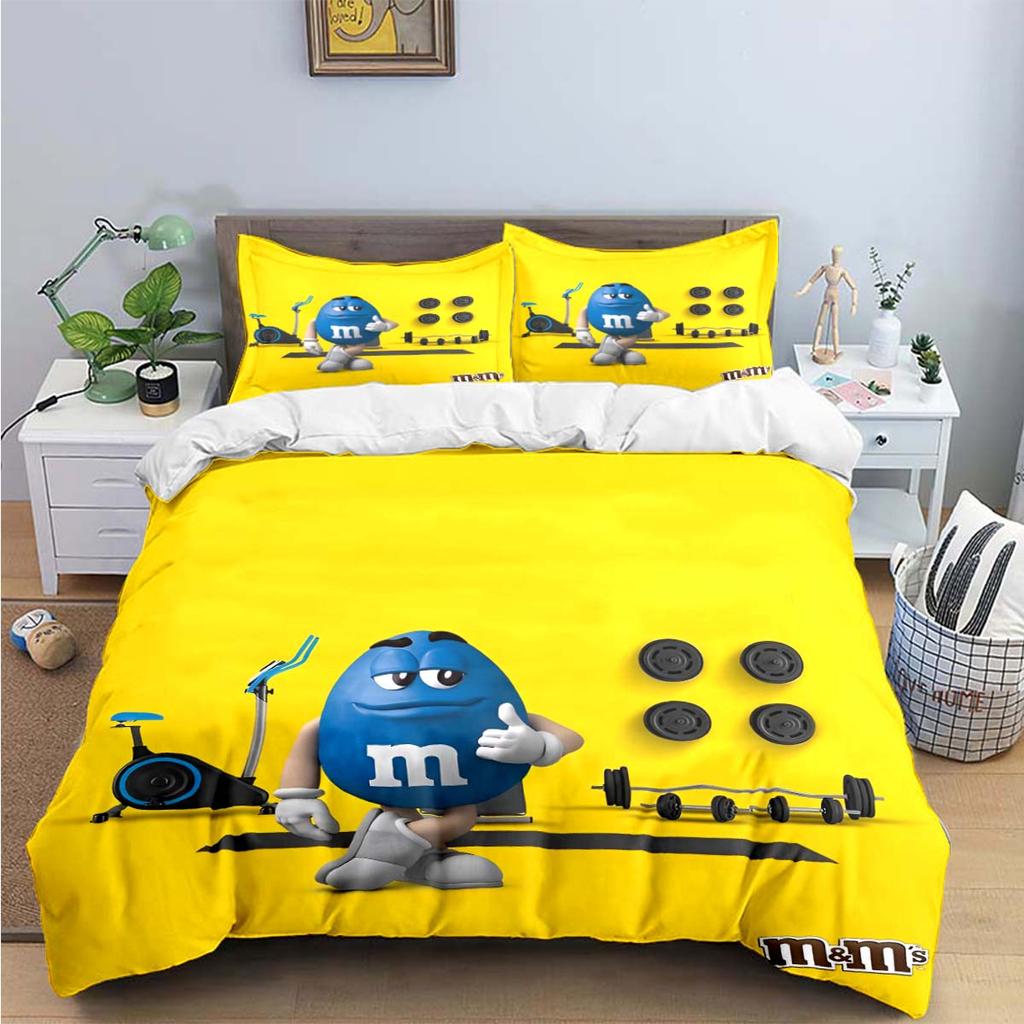 Hot Fashion M&M Chocolate Logo Print Bedding Sets Exquisite Bed Supplies Set Duvet Cover Bed Comforter Set Bedding Set Kids Gift