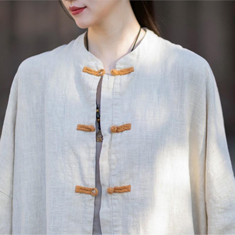 Johnature Women Shirts Vintage Tops Spring Chinese Style Button Solid Color Pockets Stand Long Shirts