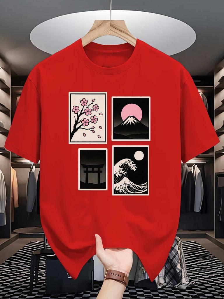 Unisex Crew Neck Tee Japan Ukiyo Landscape Art Graphic Print Soft Cotton Loose Short Sleeve Summer Casual Male Streetwear Tops