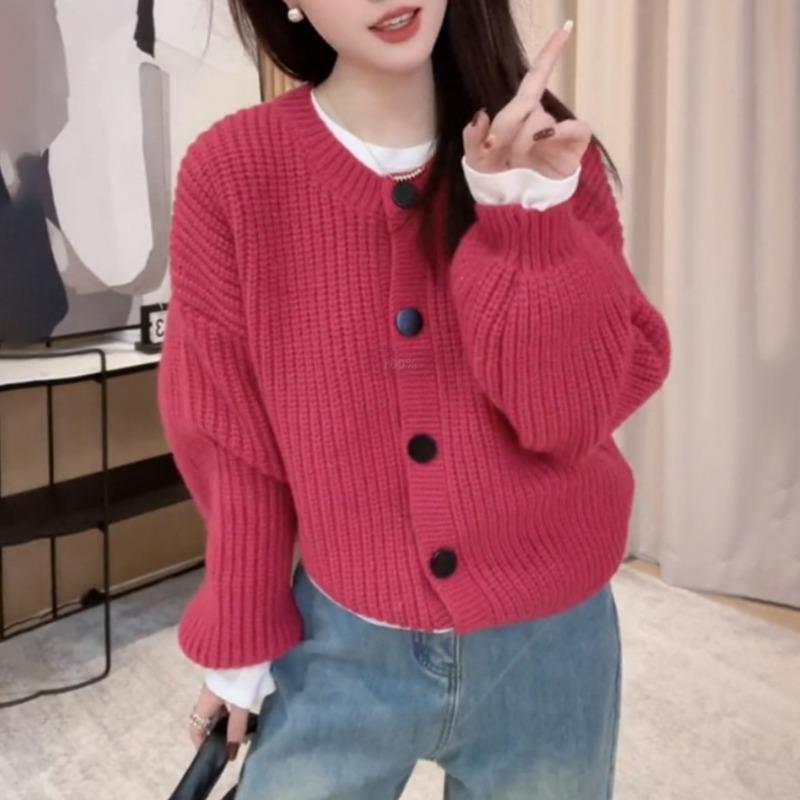 

Autumn and winter new thin round neck women s sweater jacket solid color lazy button versatile knitted cardigan trend One size рожевий червоний колір