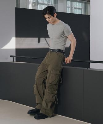 Lolangseoul Signature Leather Cargo Pants(Khaki)