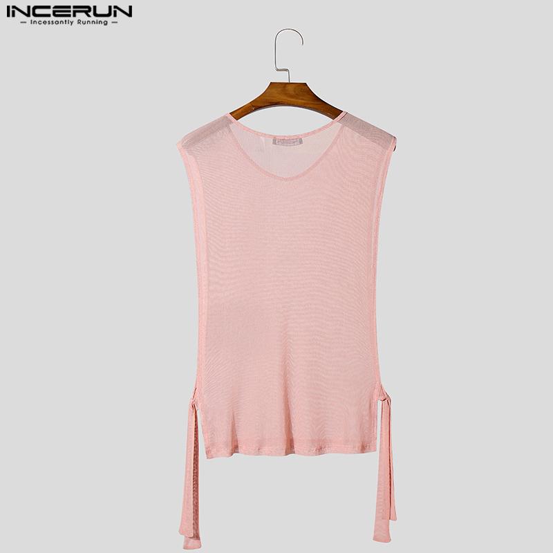 INCERUN Maiouri casual fără mâneci din plasă transparentă cu decupaje laterale cu bandaje pentru bărbați