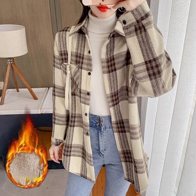 Women Thick Plush Warm Plaid Shirts Vintage Pocket Loose Blouse Autumn Winter Female Casual Korean Long Sleeve Tops