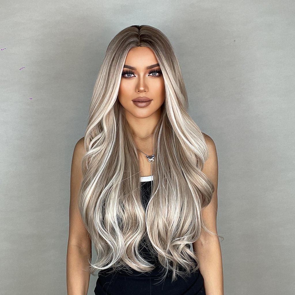 HAIRCUBE Bílá Platinová Smíšené Hnědé Syntetické Paruky Paruky z dlouhých vlnitých vlasů pro ženy Střední část Denní paruky odolné vůči teplu