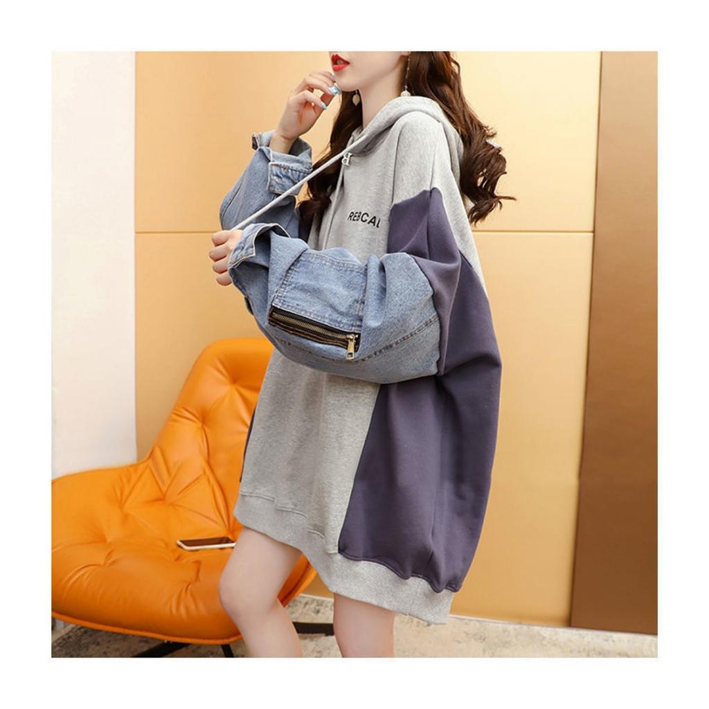 New Denim Patchwork Hooded Sweatshirt Fake Two-piece Loose Mid-length Korean Style Plus Size Pullover Hoodie
