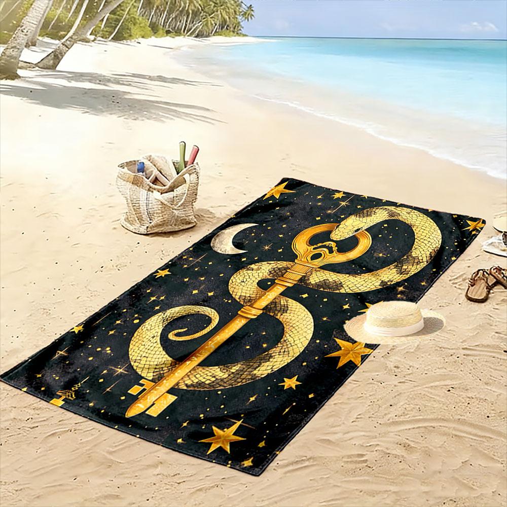 Golden Serpent Key Enchantment Print Beach Towel, Quick Drying, Suitable for Travel, Outdoor Sports, Jogging, the Beach and Swimming, Gift