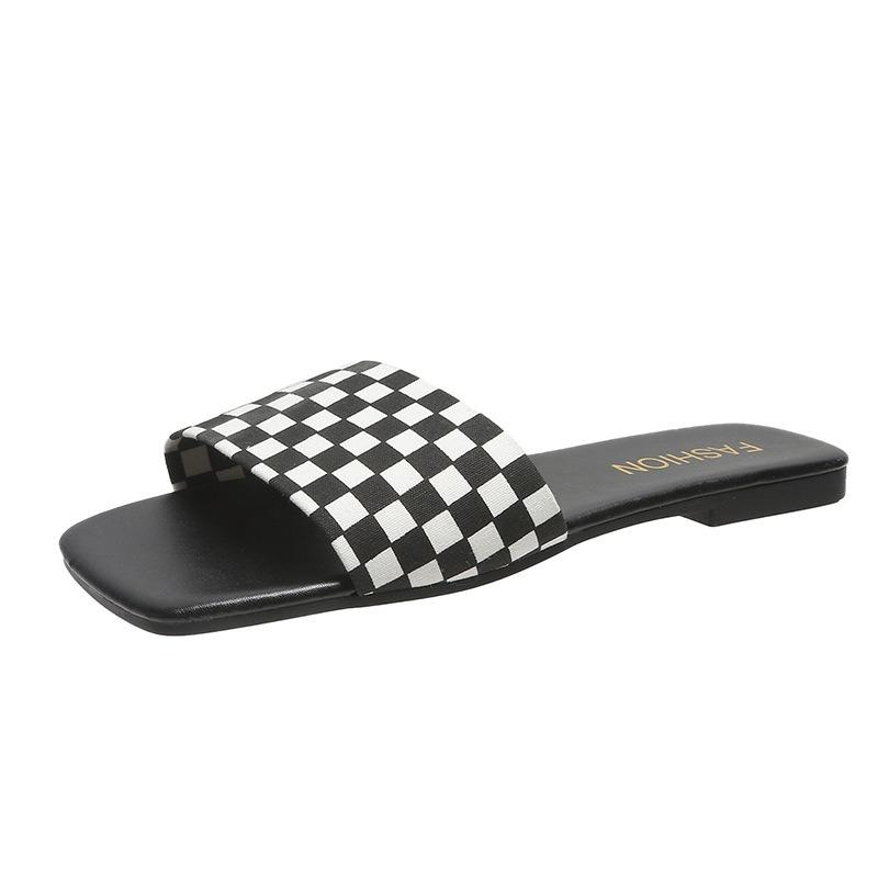Flat Bottom Slippers Female Summer New Checkerboard Checkerboard Beach One Word Cool Slippers Female