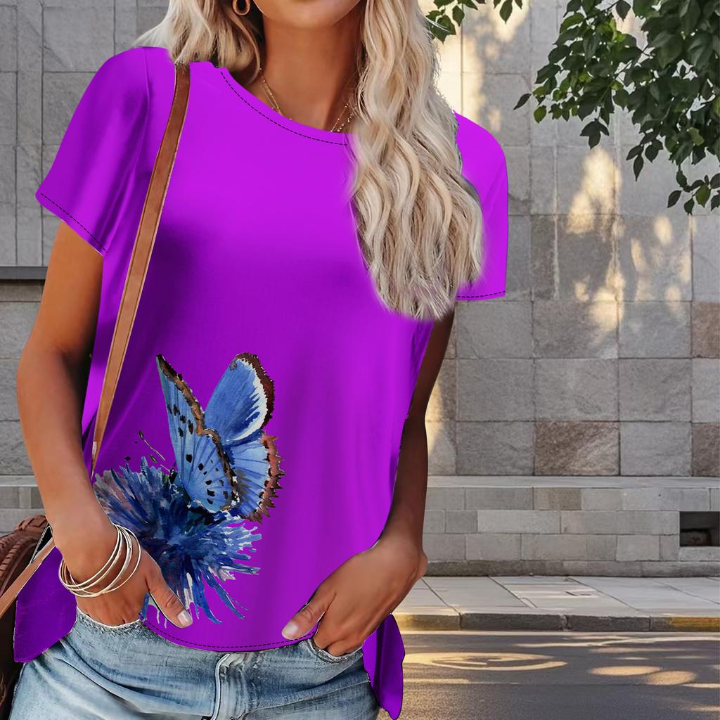 Women Summer T Shirt Butterfly Print Retro Fashion Short Sleeve Tees Casual   Printed  Tops