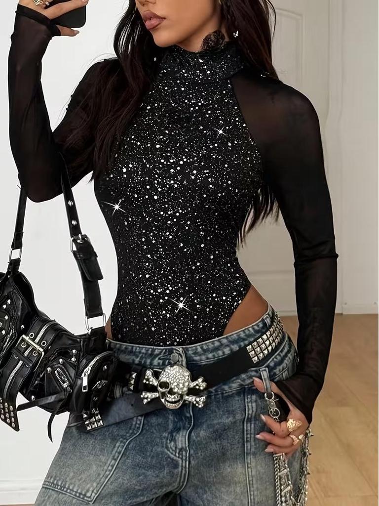 2025 European & American Shiny Patchwork Mesh Bodysuit T-shirt