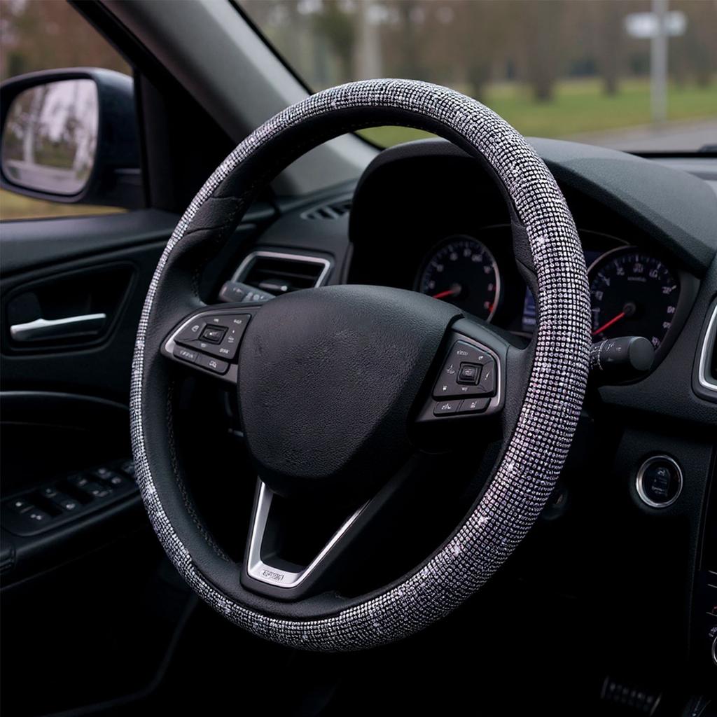 Car Steering Wheel Cover, Suitable For 15 Inch Diameter, Shiny Crystal Diamond Steering Wheel Protective Cover