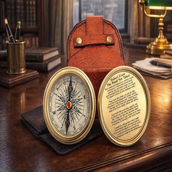 Brass Compass, Engraved Proverbs  Nautical Desk Decor (Leather Cover)