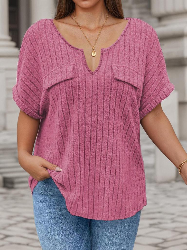 2026 Spring/Summer Plus Size Women's V-Neck Short Sleeve Solid Color Pullover T-Shirt