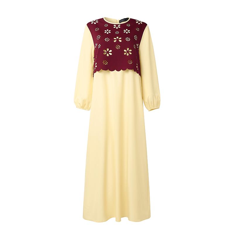 ZANZEA Women Hollow Splice Loose Casual Round Neck Long Sleeve Vintage Dress