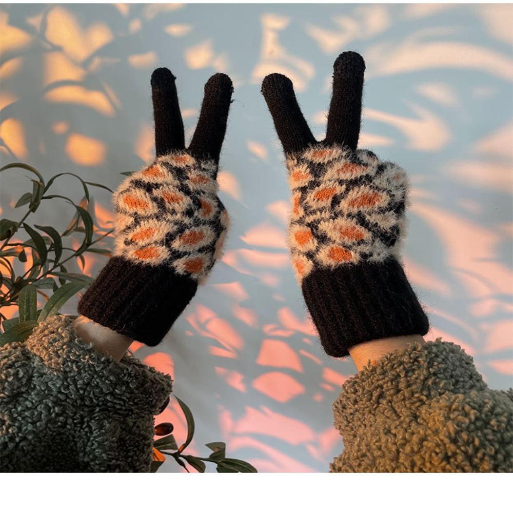 Driving Keep Warm Simple Leopard Windproof Female Gloves Velvet Thick Mittens  Gloves