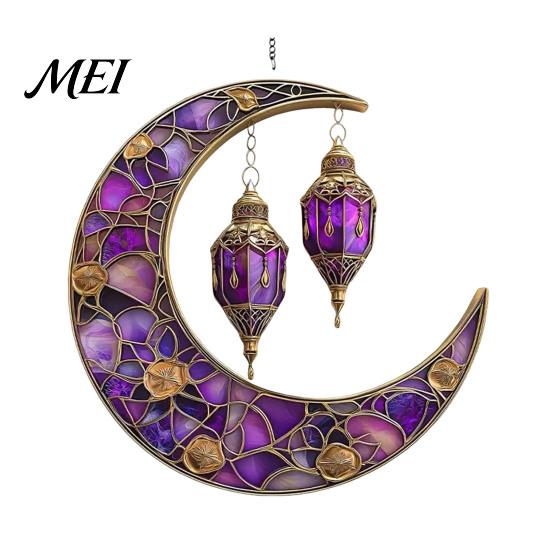 Colorful Glass Suncatcher 2D Acrylic Star Moon Lantern Suncatcher, Crescent Window Hanging Ornament Decoration for Home, Patio, Garden, Ramadan Decor,