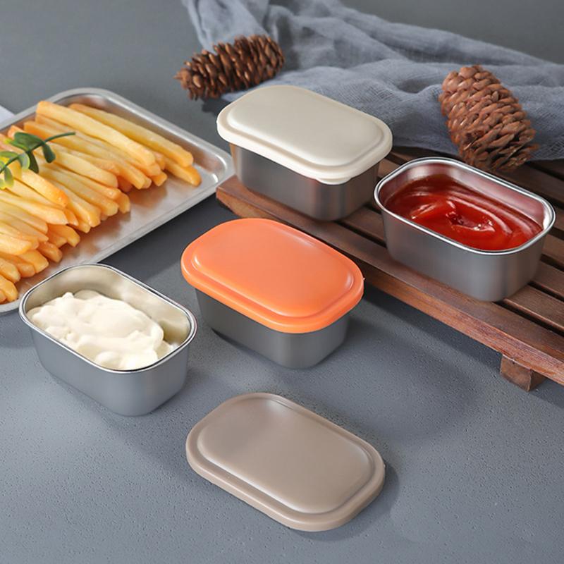 304 Stainless Steel Sauce Cup With Sealed Lid Seasoning Box Leak-Proof Silicone Cover Condiment Container Portable Storage Box