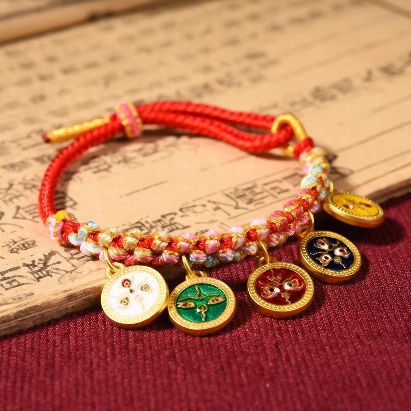 Hand-Woven Pan Chang Knot Bracelet with Five Gods of Wealth Tag, Suitable for Hanging On Thangka or As a Versatile Braided Hand Rope.
