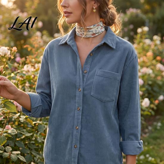 Breathable Texture Fall Apparel Women Vintage Corduroy Shirt Long Sleeve Button Up Jacket Lapel Soft Front Shirt Casual Blouse with Pockets