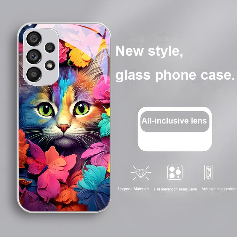 Bunte Blumenkatze Grün Für Samsung Galaxy S24 Plus S20 21 FE S23 Ultra S8 9 A70 72 73 50 51 52 53 Gehärtetes Glas Handyhülle