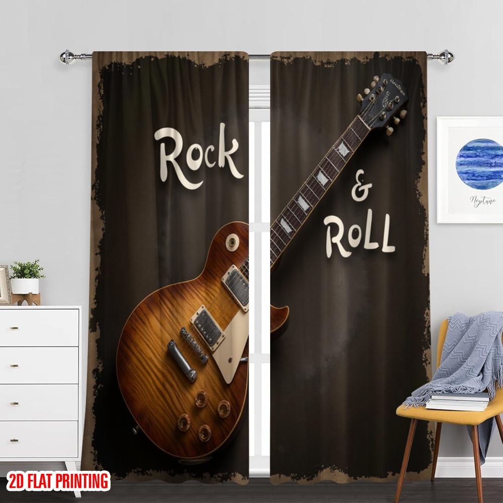Set Of 2 Flat Printing Party Curtains Rock Guitar Protecting Privacy Festive Wall Decor Apartment Decoration Curtain Made Polyester