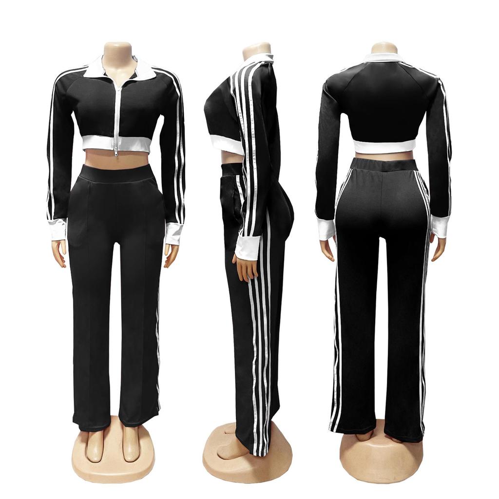 TW768 Women's Casual Color Block Zipper Crop Top & Slim Fit Pants Set