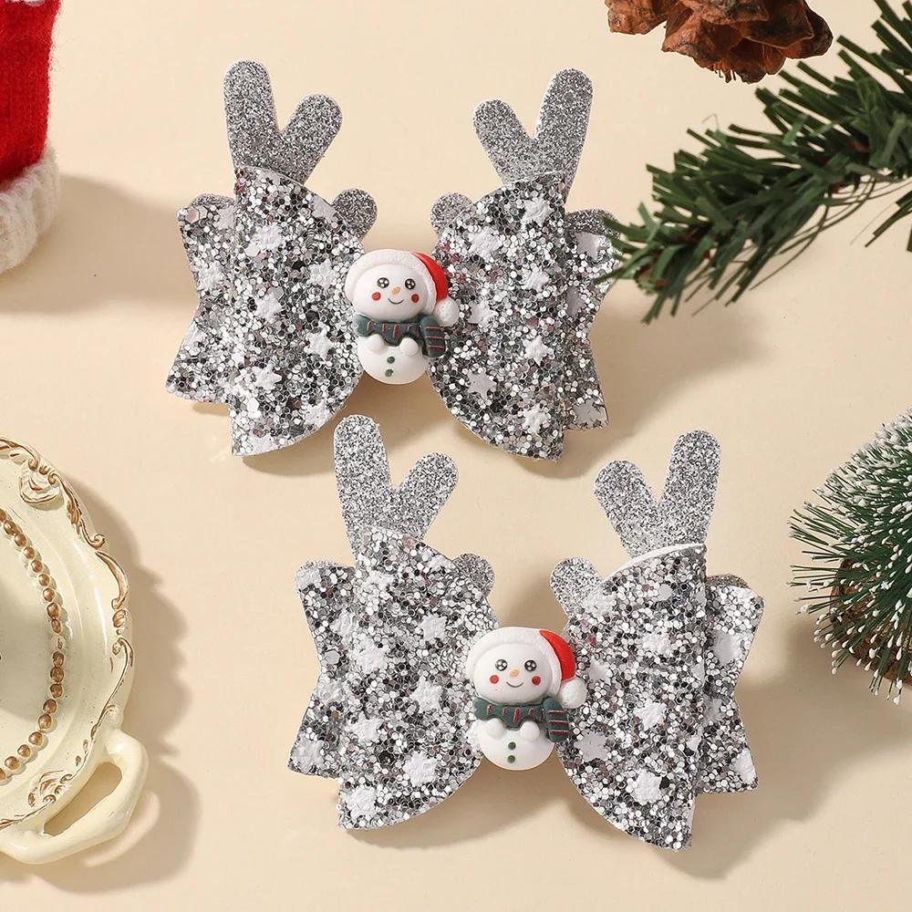 2pcs Glitter Christmas Kids Bows Hairpin for Girls Antlers Printed Fabric Ponytail Clips Christmas Holiday Prom Hair Accessories