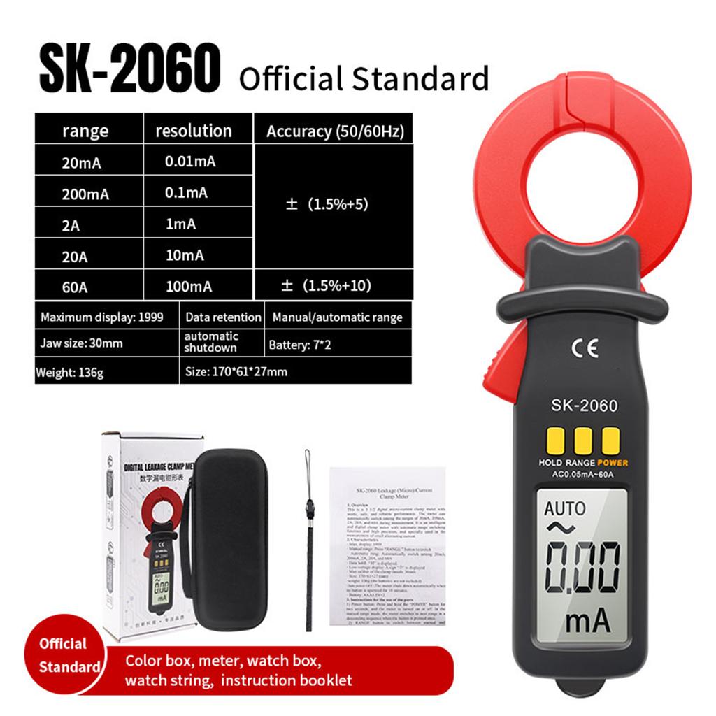 Digital Clamp Meter 60A Range AC DC Current Leakage Tester 1999 Counts Auto Range Hold Ammeter Clampmeter Amperimetro