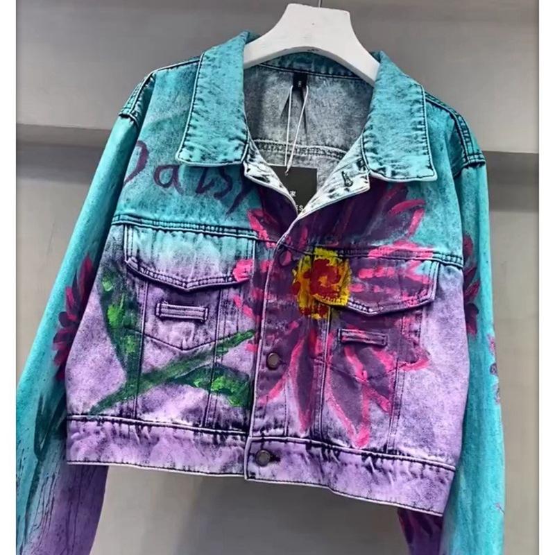 European trendy brand graffiti print denim jacket women's autumn new design heavy industry letter short top
