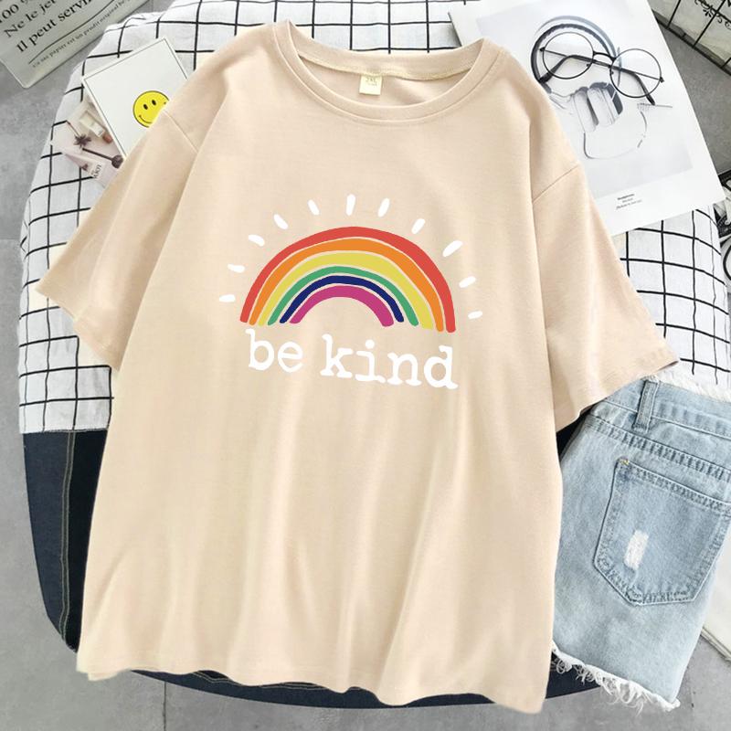 Be Kind A Glowing Rainbow Womens T Shirt Cotton Cool Tshirt Street Oversized Short Sleeve Fashion Breathable Tee Clothes