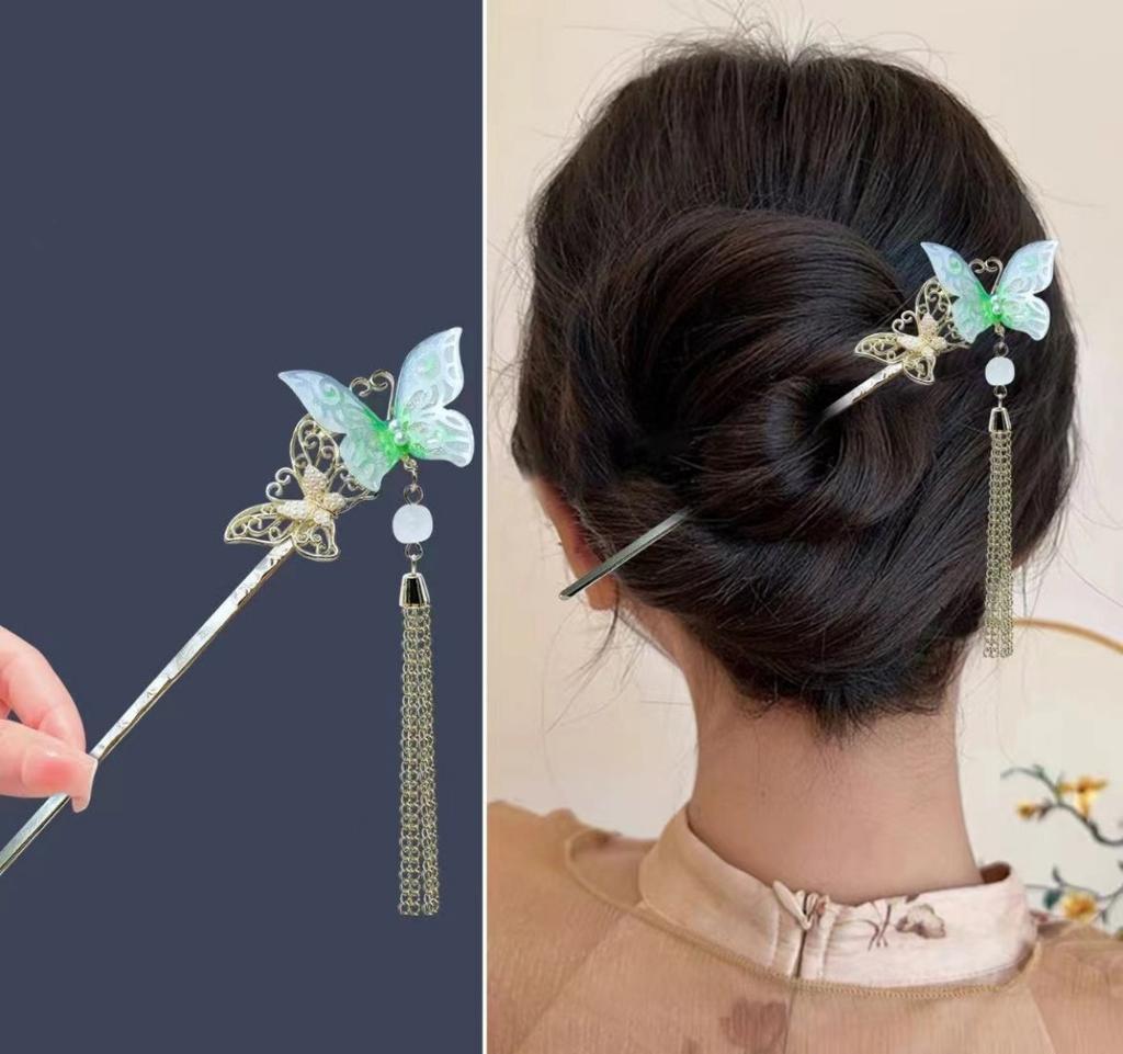 18cm Chinese Style Hairpin Elegant Flower Butterfly Tassel Hair Stick For Women Vintage Hanfu Metal Jewelry Hair Accessories 1pc