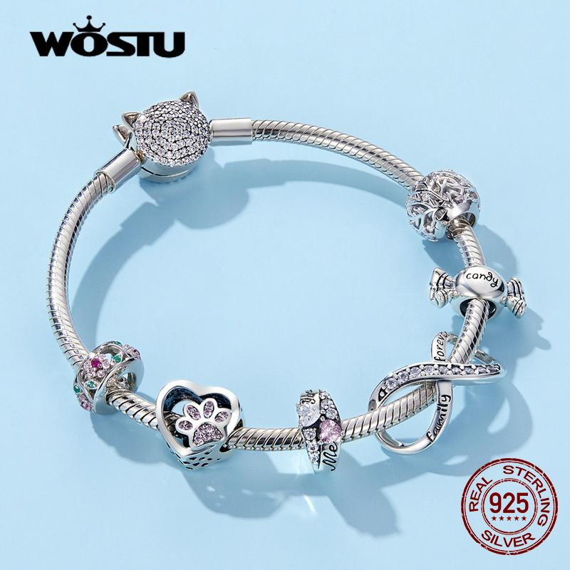 WOSTU Real 925 Silver Heart Beads Flower Retro Pattern Charms Pendant Fit Original DIY Bracelet Necklace Silver Jewelry